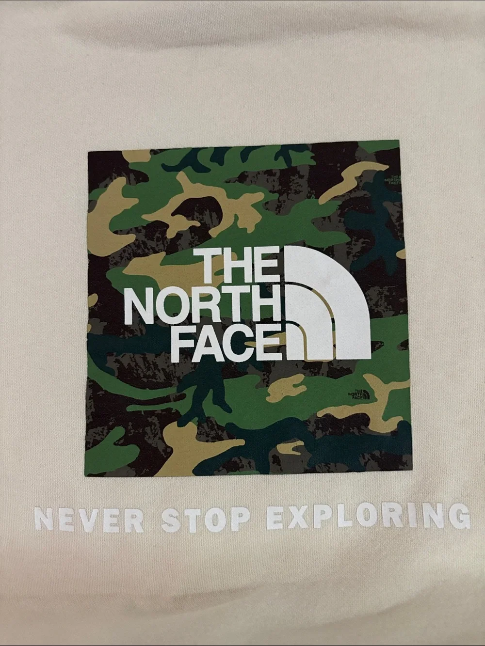 The North Face Cream hoodie green camouflage back logo